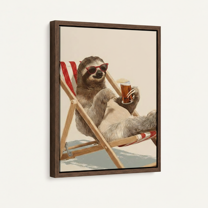 Framed sloth beer canvas print in dark walnut floating frame on white background