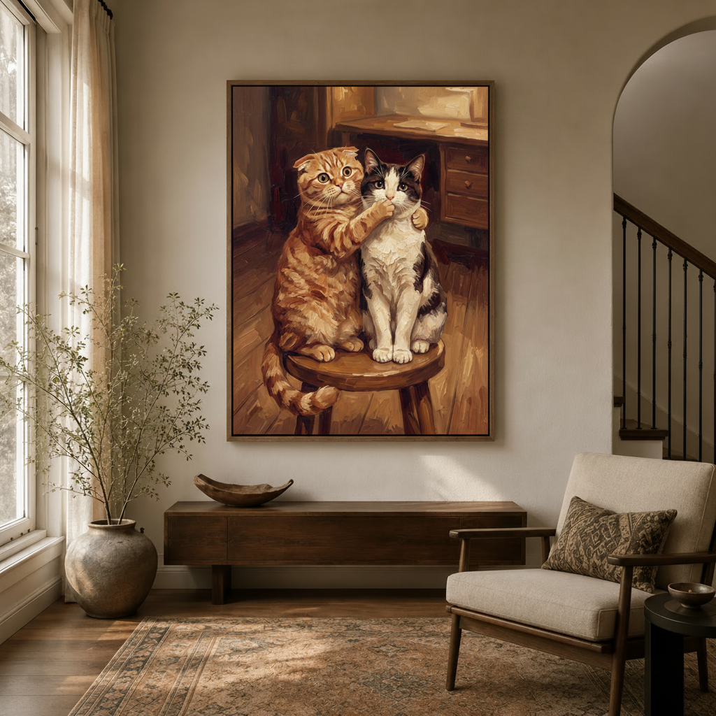 Funny cat portrait canvas wall art displayed in bright entryway above dark console table