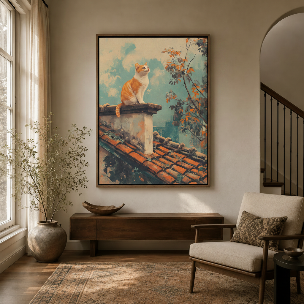 Vintage rooftop cat canvas wall art displayed in bright entryway above dark console table