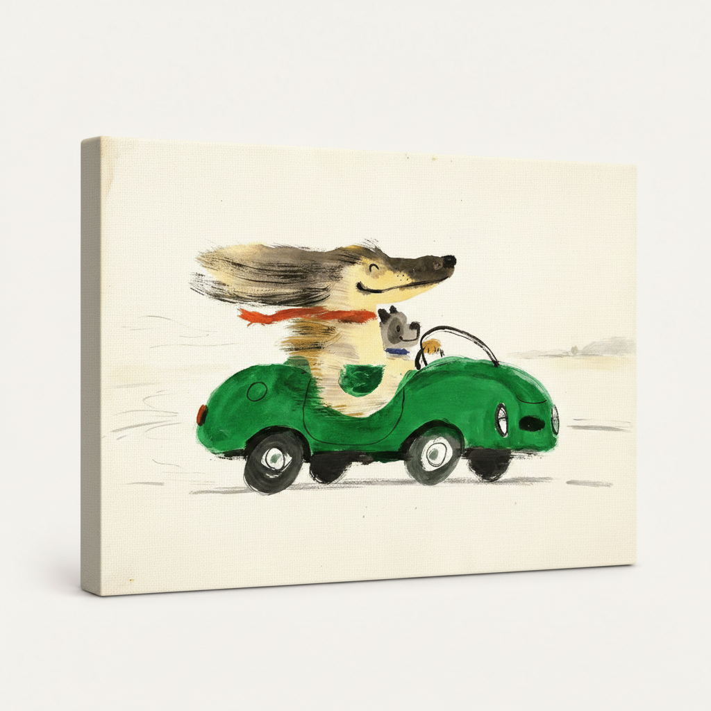 Gallery-wrapped vintage illustration canvas of dog and cat in green car shown at angle on white background