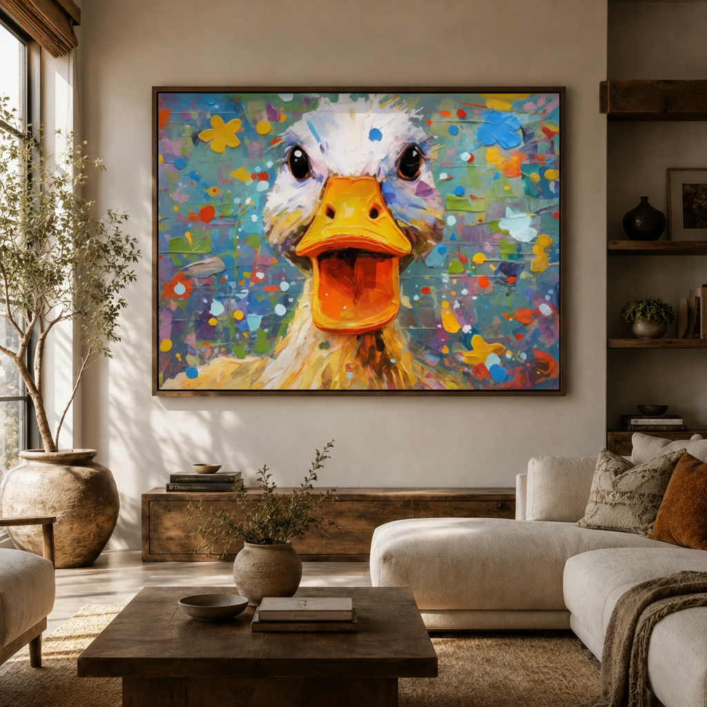 Funny duck open beak impasto canvas wall art above console in bright Japandi living room white sofa