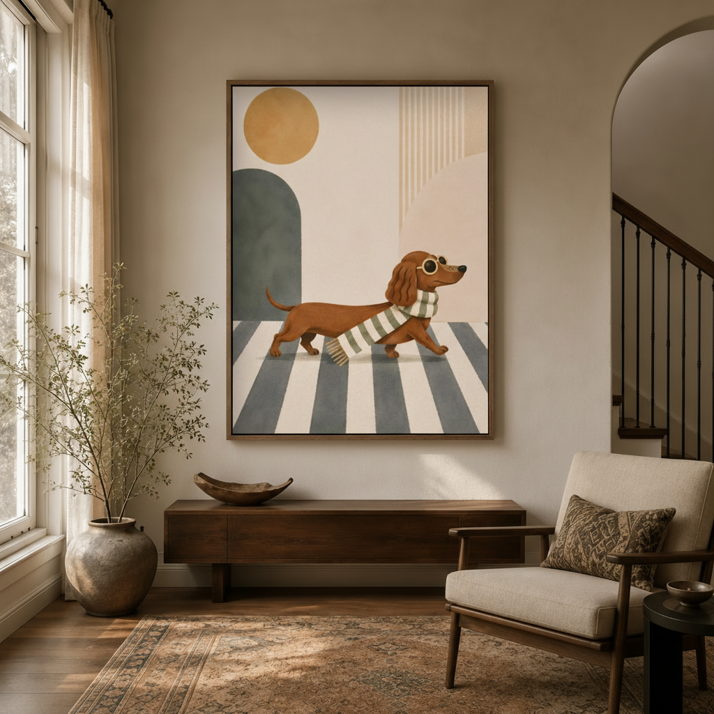 Stylish dachshund sunglasses mid-century canvas in float frame above dark walnut entryway credenza