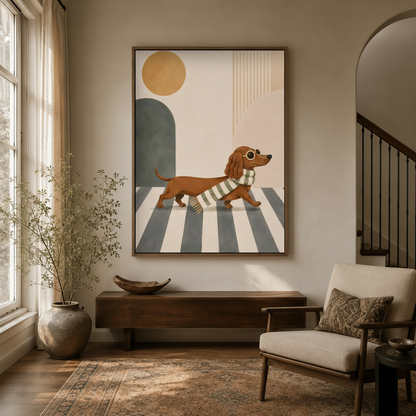 Stylish dachshund sunglasses mid-century canvas in float frame above dark walnut entryway credenza