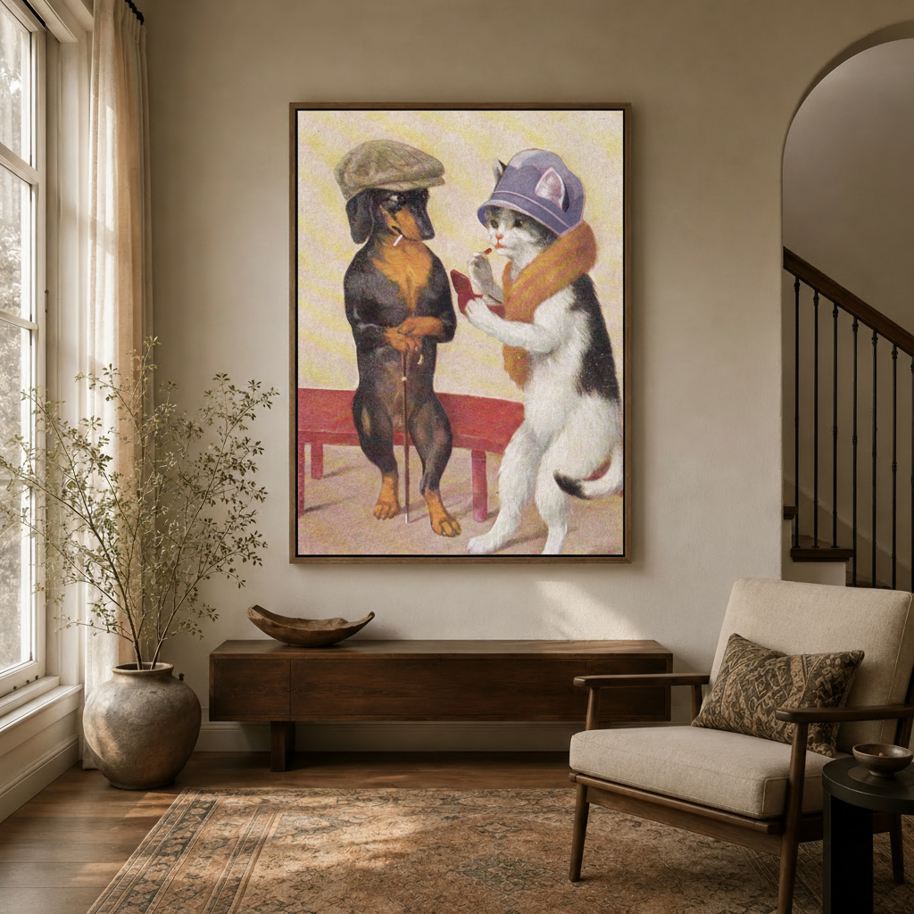 Charming dachshund cat vintage canvas wall art hung in warm entryway with arched doorway and linen armchair