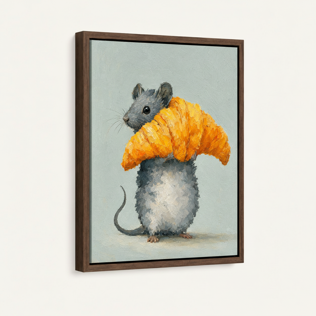 Dark walnut float frame mouse croissant painting, side angle product photography on white background