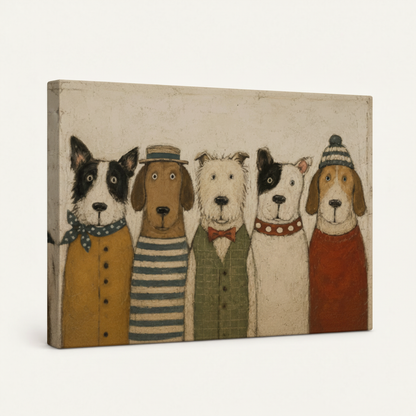 Side-angle gallery-wrapped canvas featuring five vintage dressed dogs on a white background