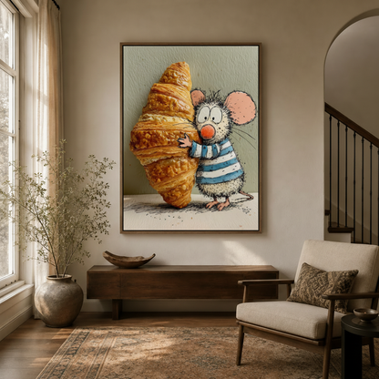 Hand-drawn cartoon mouse croissant canvas in walnut float frame displayed in bright modern entryway
