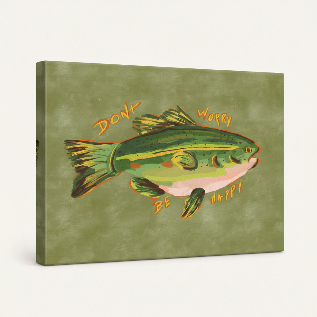 Gallery-wrapped folk art fish canvas print with clean wrap edges on white background