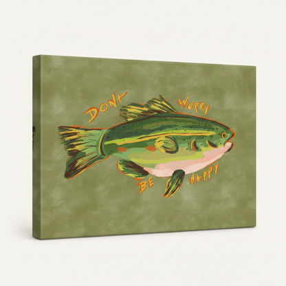 Gallery-wrapped folk art fish canvas print with clean wrap edges on white background