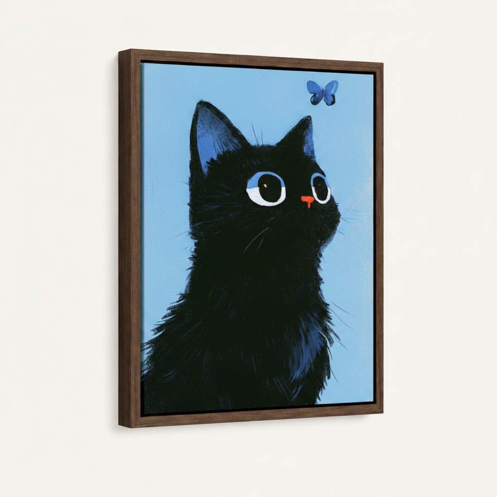 Framed vintage illustration of black cat gazing at butterfly, warm wood floating frame