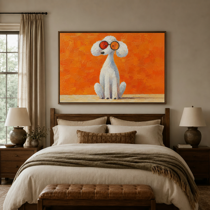 Whimsical white poodle in round sunglasses impasto canvas print hung above bedroom headboard, warm neutral decor