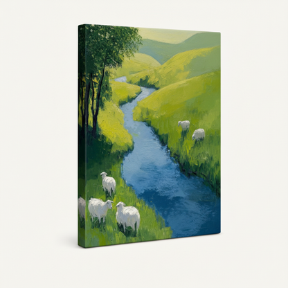 Gallery-wrapped pastoral stream canvas art showing side edges on white studio background