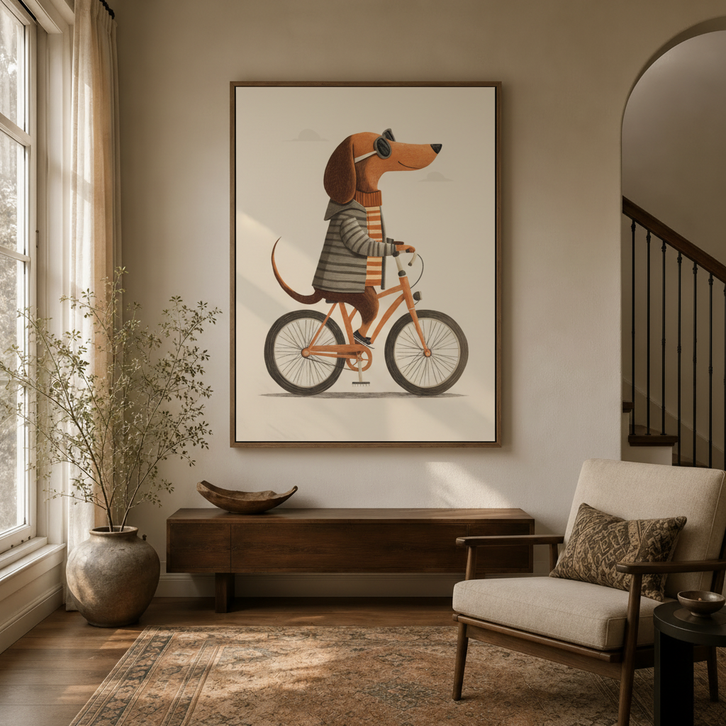 Dachshund bicycle funny illustration canvas in dark walnut frame displayed in warm modern entryway