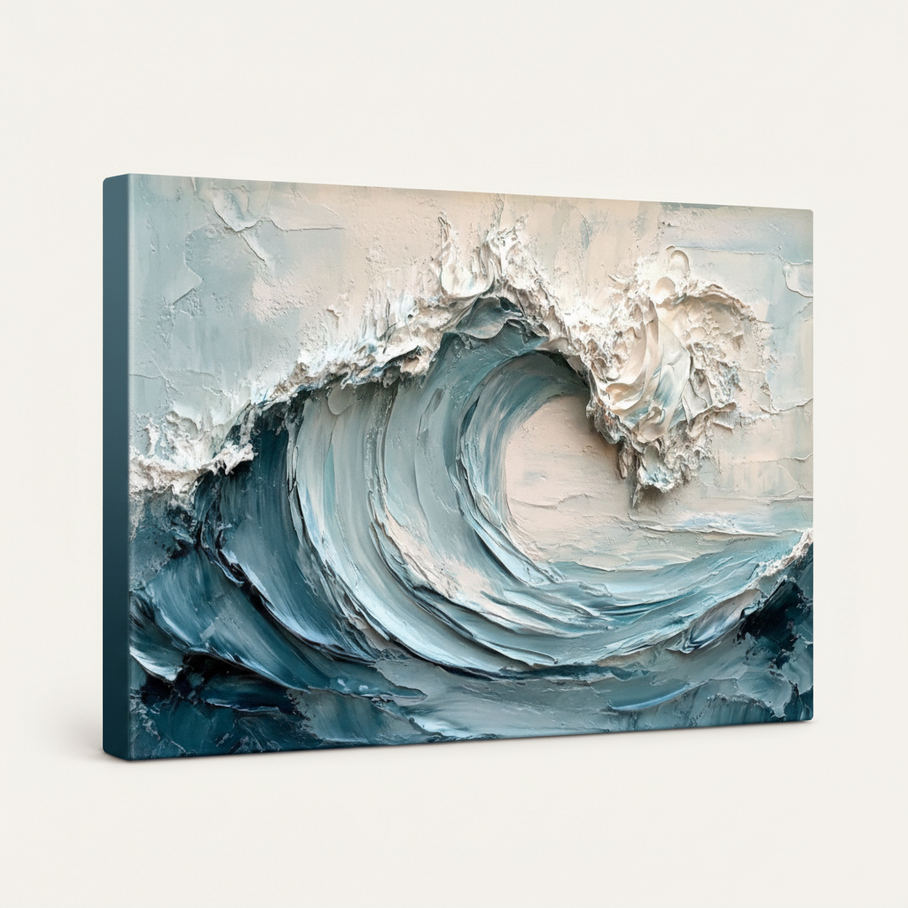 Gallery-wrapped ocean wave impasto canvas print, side angle showing deep navy canvas wrap depth