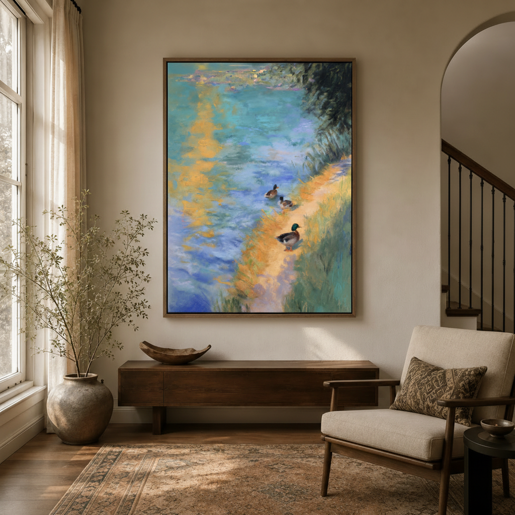 Impressionist duck riverbank canvas hung above console in bright entryway with Persian rug and arched doorway