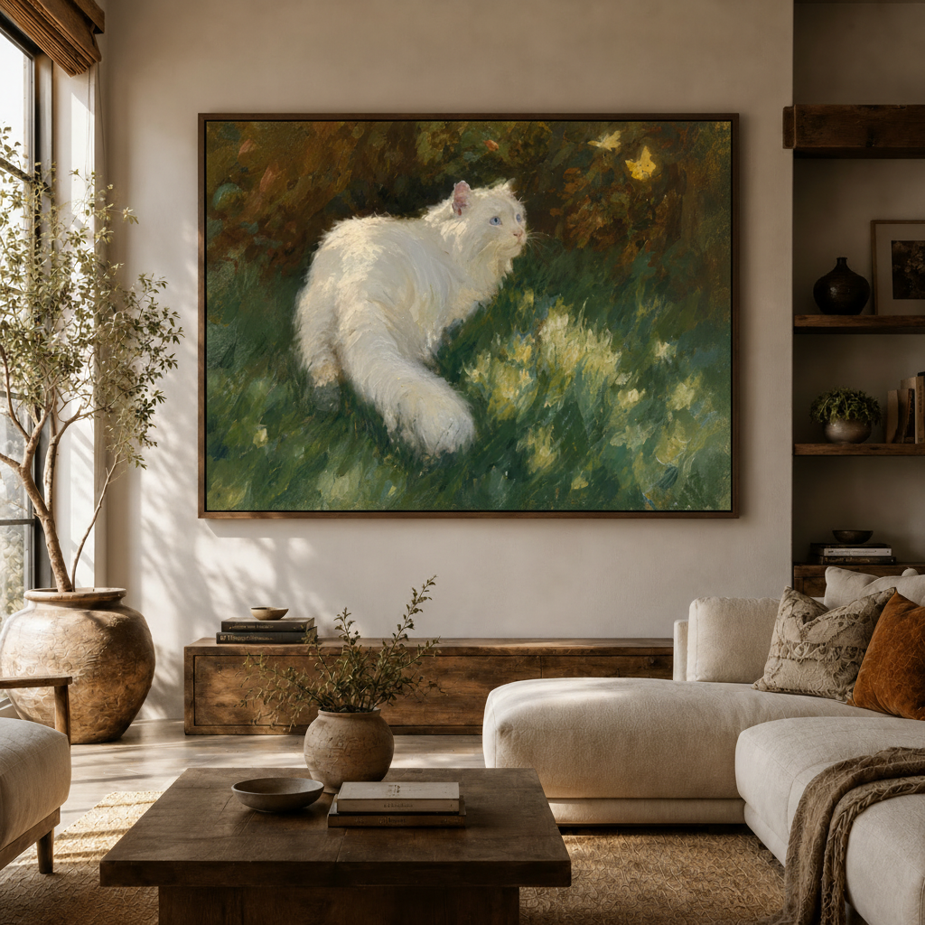 White cat stalking butterfly garden canvas wall art above sideboard in modern living room white sofa