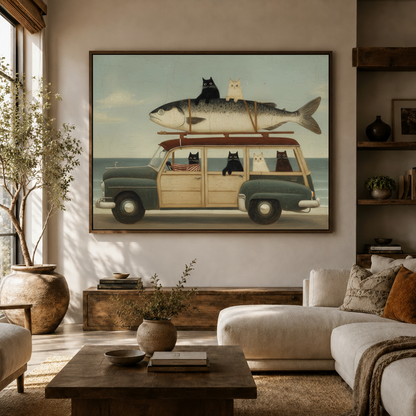 Cats road trip vintage folk art canvas wall art above console in bright Japandi living room white sofa