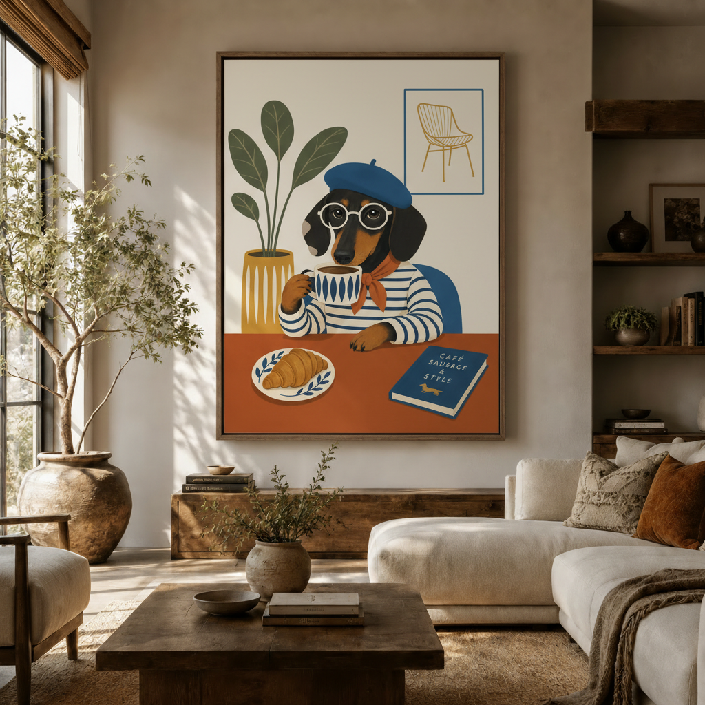 Large French dachshund café canvas art in walnut float frame displayed in bright boho living room with olive tree