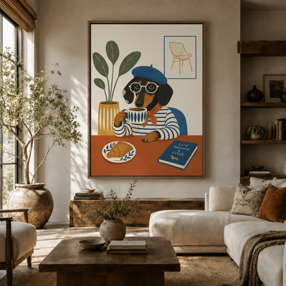 Large French dachshund café canvas art in walnut float frame displayed in bright boho living room with olive tree