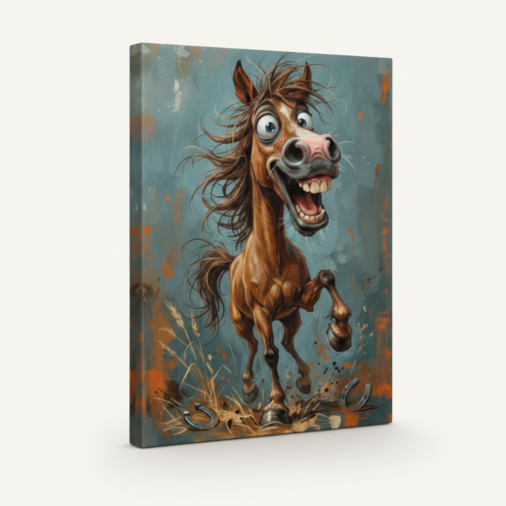 Gallery-wrapped canvas of a cartoon laughing horse, side view showing canvas depth, white background