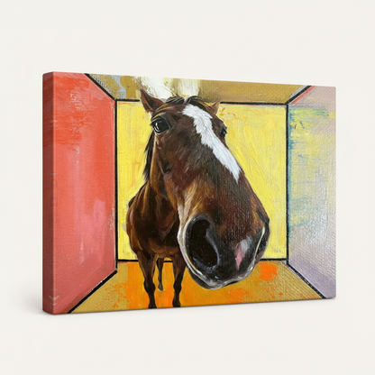 Gallery-wrapped horse portrait canvas print showing thick edge wrap at 45-degree angle on white background