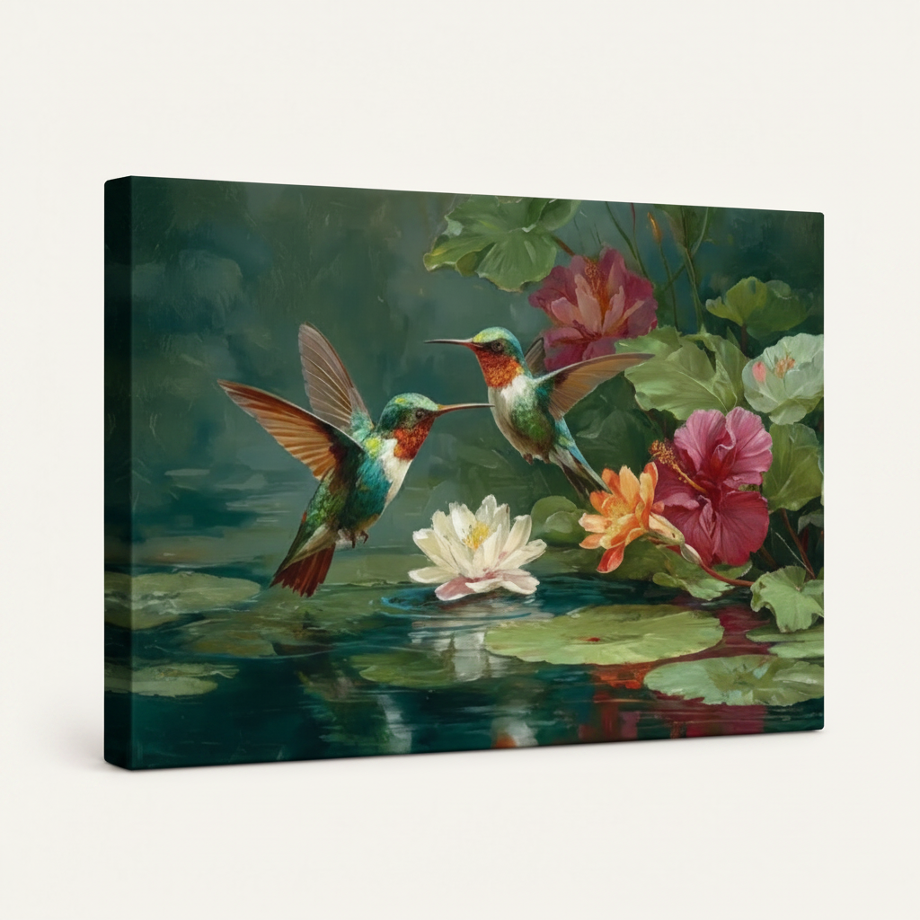 Gallery wrapped hummingbird lotus canvas print, frameless side angle view, white background