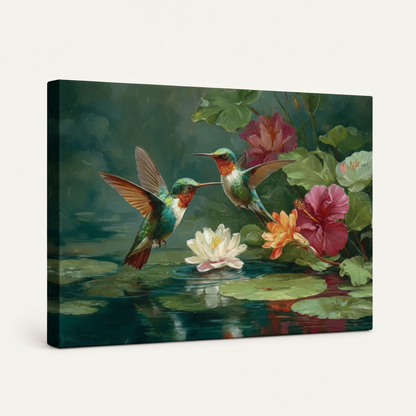 Gallery wrapped hummingbird lotus canvas print, frameless side angle view, white background