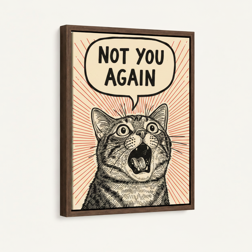 Framed funny cat canvas print front view, vintage woodcut humor wall art product shot