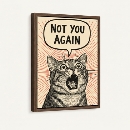 Framed funny cat canvas print front view, vintage woodcut humor wall art product shot