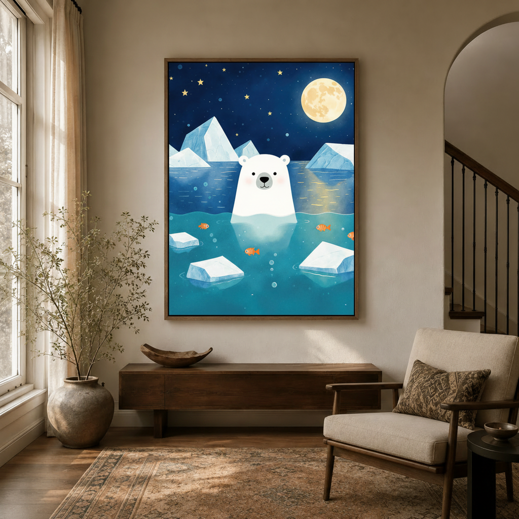 Dreamy polar bear moon canvas wall art displayed in bright entryway above dark console table