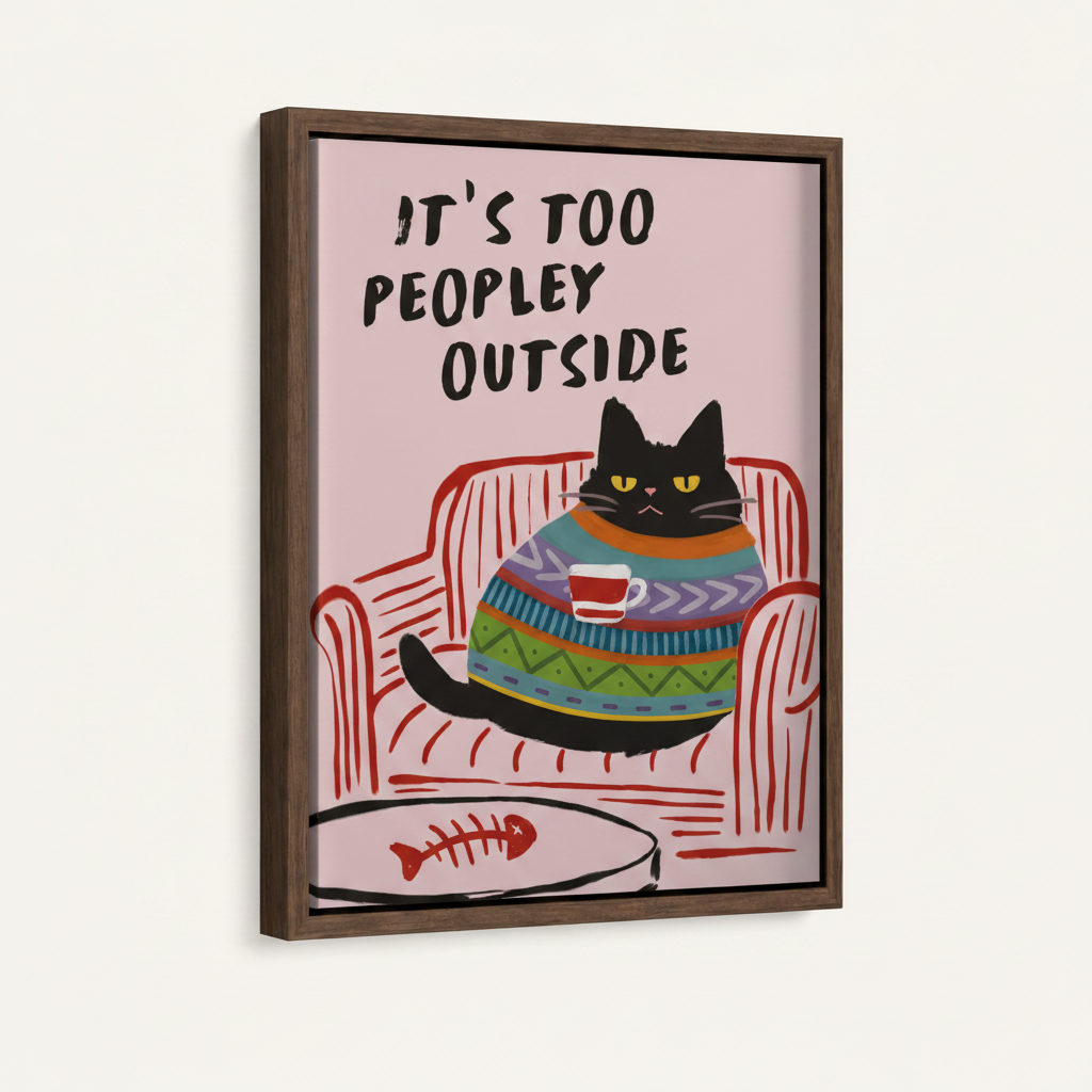 Framed black cat illustration canvas print with dark walnut floating frame