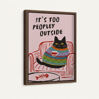 Framed black cat illustration canvas print with dark walnut floating frame