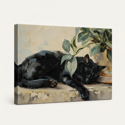 Gallery-wrapped canvas of sleeping black cat with sage green plant side angle on white background