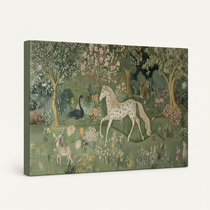 Gallery-wrapped garden horse canvas wall art mockup on white background showing canvas depth and side edge
