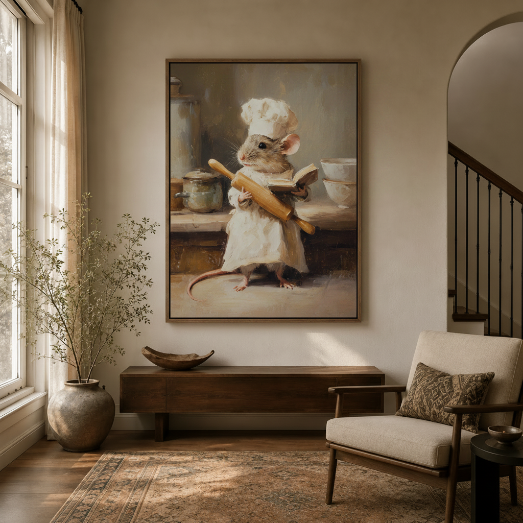 Chef mouse kitchen classical canvas wall art displayed in elegant entryway with dark wood console