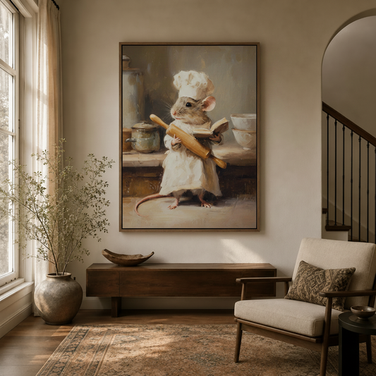 Chef mouse kitchen classical canvas wall art displayed in elegant entryway with dark wood console