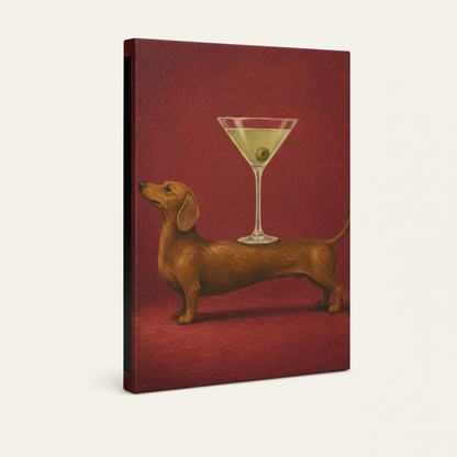 Gallery wrapped dachshund martini canvas print shown in angled 3D view on white background