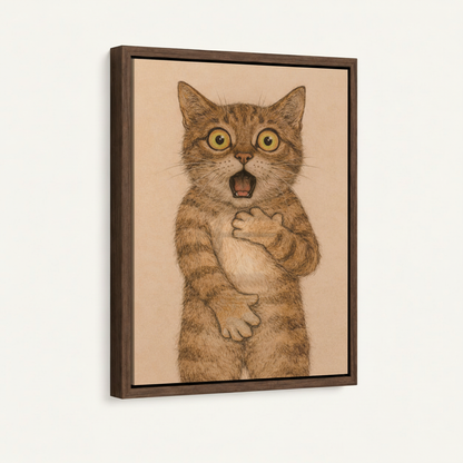  Funny cat portrait canvas print in dark walnut float frame white background product photo