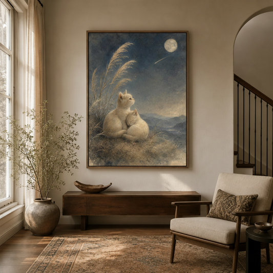 Two cream cats moonlit night canvas wall art in dark frame displayed above bed in cozy bedroom