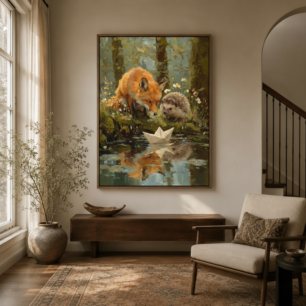 Fox hedgehog paper boat forest stream impasto canvas in walnut float frame in bright modern entryway