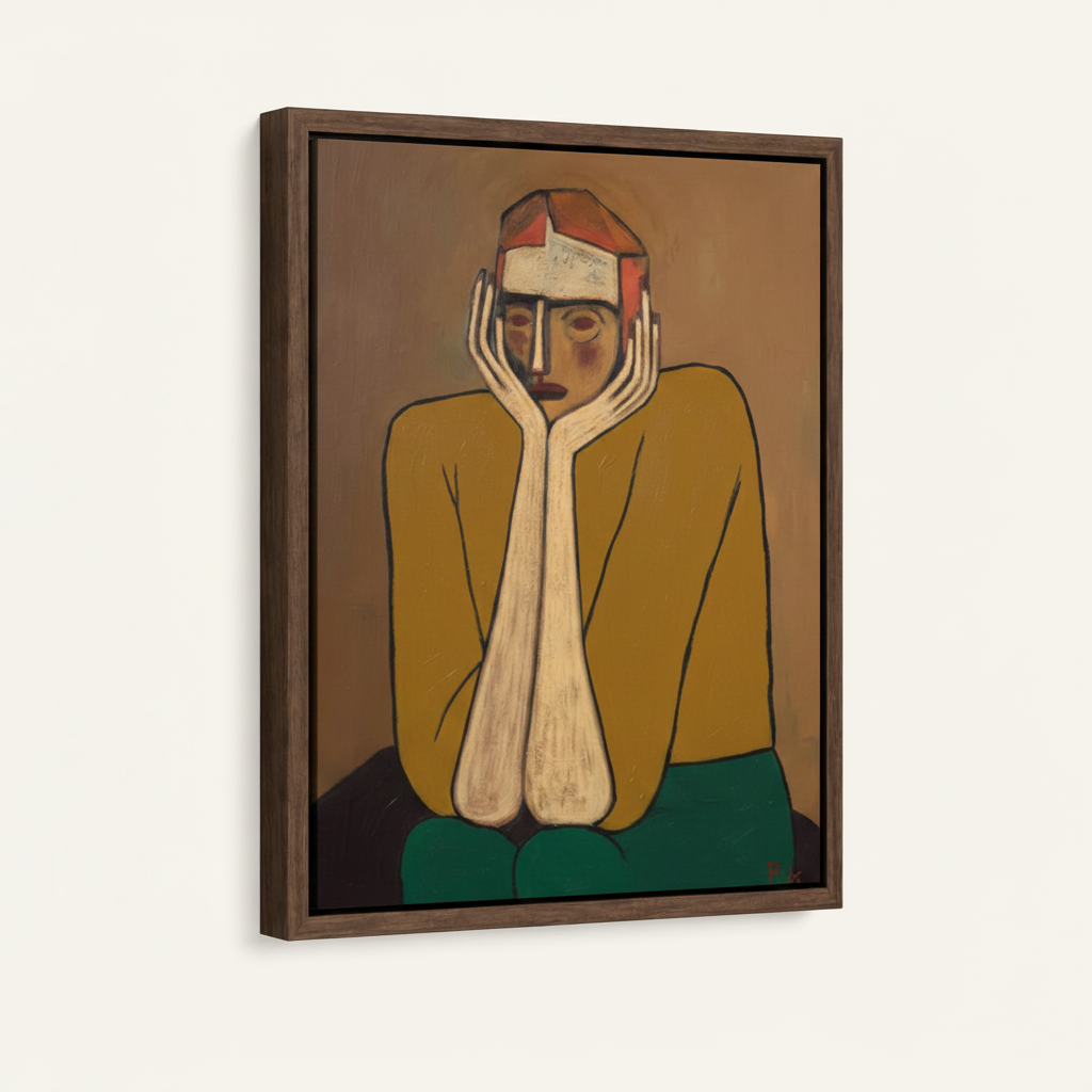 Seated figure in mustard yellow and teal expressionist oil painting canvas print in dark walnut floating frame