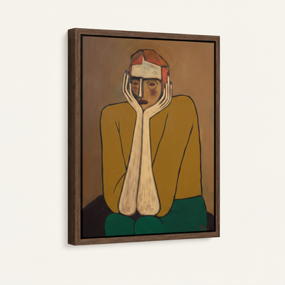 Seated figure in mustard yellow and teal expressionist oil painting canvas print in dark walnut floating frame