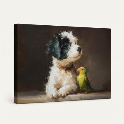 Gallery-wrapped puppy and parrot canvas shown at 3/4 angle with dark brown wrapped edges on white background