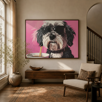 Large pop art dog canvas above sofa in warm neutral living room with olive tree decor
