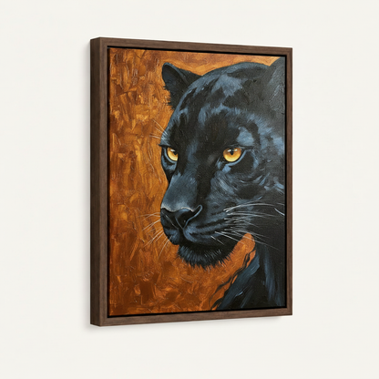 Black panther realistic oil painting canvas print in dark walnut floating frame front view on white background