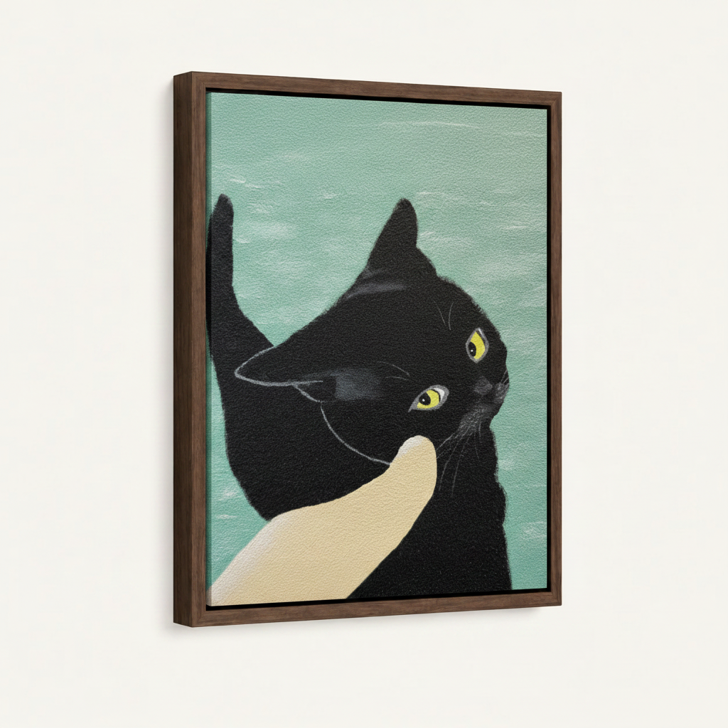 Black cat with pointing finger framed canvas print, walnut wood frame, side angle on white background