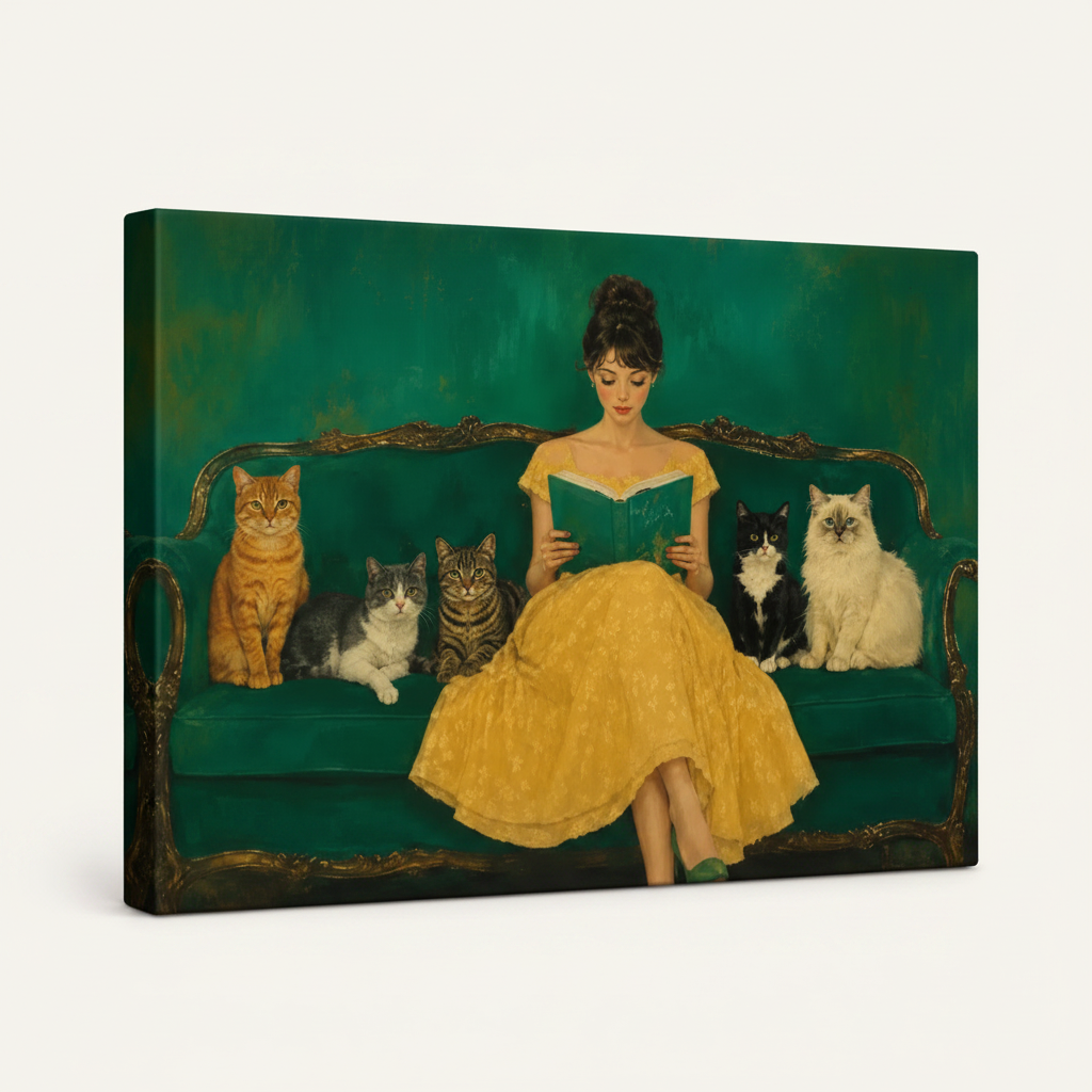 Gallery-wrapped canvas art featuring vintage woman and cats scene on white background showing wrap depth