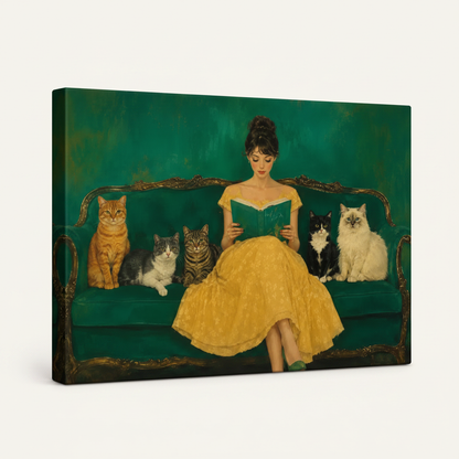 Gallery-wrapped canvas art featuring vintage woman and cats scene on white background showing wrap depth