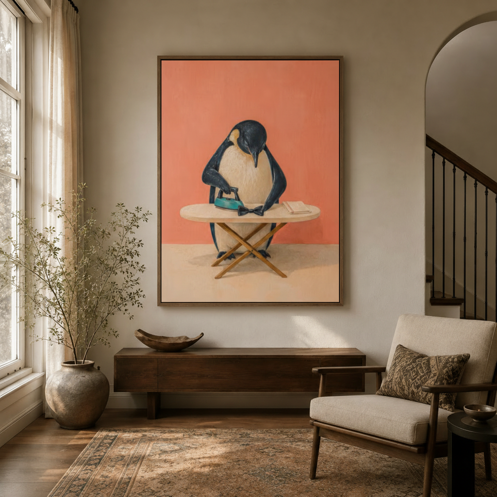 Framed penguin wall art styled in an elegant entryway with arched doorway and warm lighting