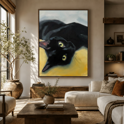  Black cat portrait realistic canvas wall art above sideboard in bright modern living room with olive tree and white sofa